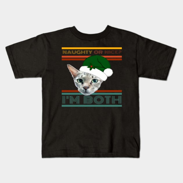 Naughty Or Nice? I'm Both Funny Retro Text Design with Cat in Green Santa Hat with Holly Kids T-Shirt by aspinBreedCo2